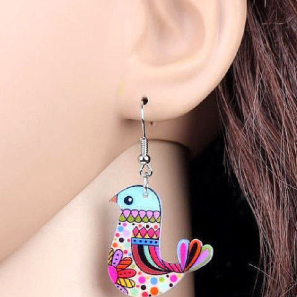 New Colorful Bird Earrings Dangle Drop Retro Look - Picture 2 of 3
